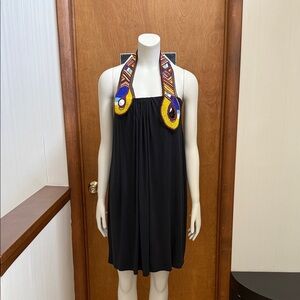 T-Bags Los Angeles Black Tribal Beaded Mini Halter Dress Gently Worn Small